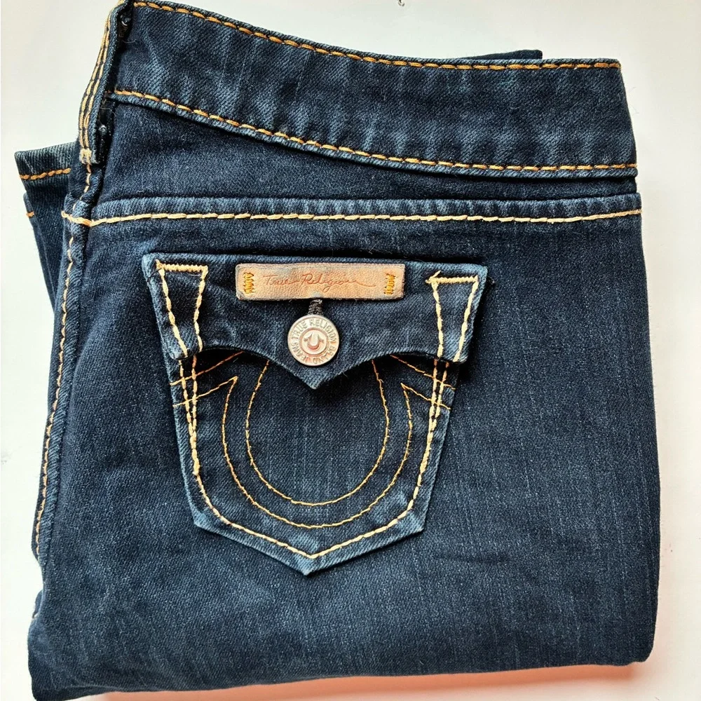 TRUE RELIGION BECCA Mid-Rise Dark Wash Peak Spot Flared Bootcut Jeans - Size 28 - Picture 5 of 15